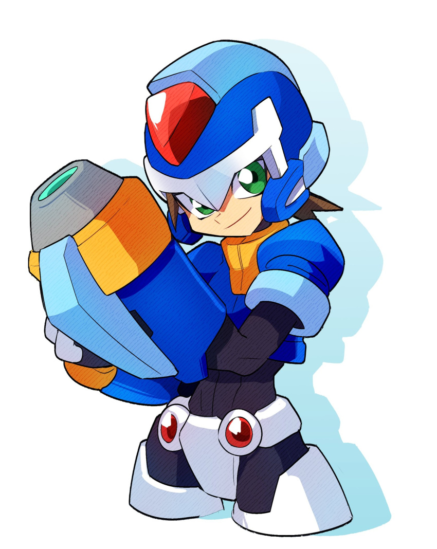 1boy arm_cannon armor blue_helmet blue_jacket brown_hair cowboy_shot cropped_jacket crotch_plate forehead_jewel green_eyes highres jacket looking_at_viewer mega_man_(series) mega_man_zx model_x_(mega_man) omeehayo power_armor short_hair simple_background solo spiked_hair vent_(mega_man) weapon white_background