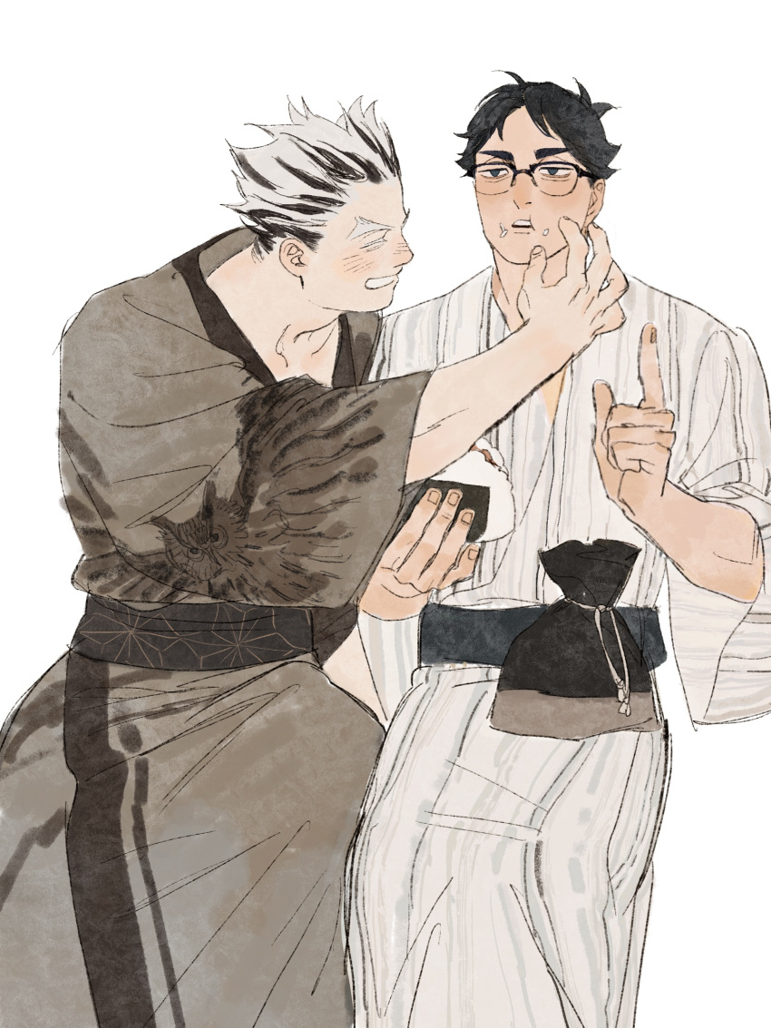 2boys akaashi_keiji animal_print bird_print black_hair bokuto_koutarou brown_kimono chengongzi123 colored_eyelashes commentary cowboy_shot facing_another food food_on_face glasses grey_hair grin haikyuu!! hand_on_another's_face hand_up hands_up highres holding holding_food index_finger_raised japanese_clothes kimono kinchaku long_sleeves male_focus multicolored_hair multiple_boys onigiri open_mouth owl_print pouch rice rice_on_face short_hair simple_background smile streaked_hair striped_clothes striped_kimono symbol-only_commentary thick_eyebrows very_short_hair walking white_background wide_sleeves wiping_face