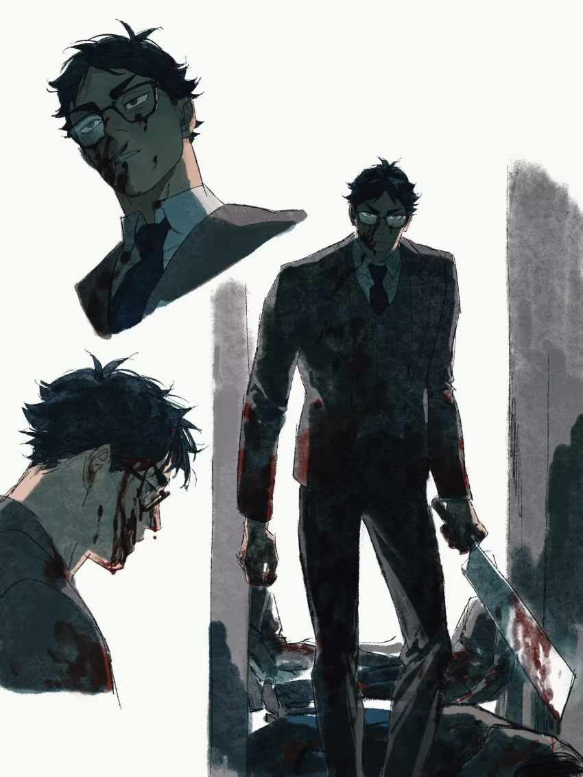 1boy akaashi_keiji alley black_eyes black_hair black_necktie blood blood_on_clothes blood_on_face blood_on_hands blood_on_weapon chengongzi123 closed_mouth collared_shirt commentary corpse feet_out_of_frame glasses green_background haikyuu!! highres long_sleeves looking_at_viewer machete male_focus murder necktie outdoors portrait shirt short_hair standing suit symbol-only_commentary very_short_hair walking weapon