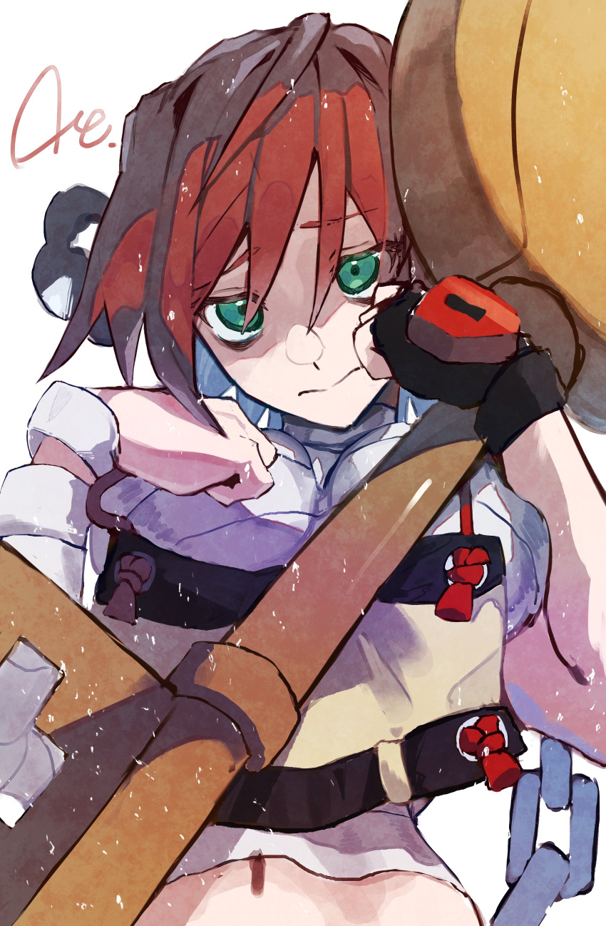 1girl a.b.a absurdres arere_r bags_under_eyes bandaged_chest bandages bare_shoulders fingerless_gloves gloves green_eyes green_hair guilty_gear guilty_gear_xx hair_over_one_eye highres key key_in_head looking_at_viewer object_through_head paracelsus_(guilty_gear) red_hair short_hair single_glove