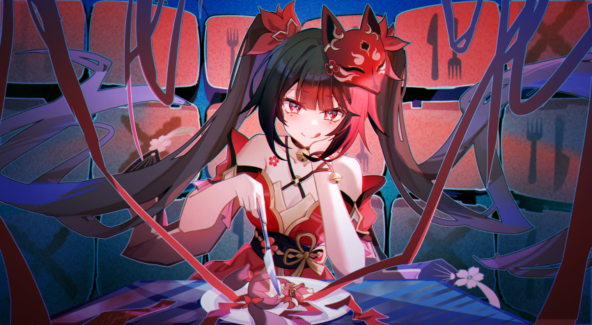 1girl :q absurdres bare_shoulders bell black_choker black_hair black_sash breasts character_doll chest_tattoo choker cleavage commentary criss-cross_halter detached_sleeves flower_tattoo fork fox_mask halterneck hand_on_own_cheek hand_on_own_face hands_up highres holding holding_knife honkai:_star_rail honkai_(series) japanese_clothes jingle_bell kimono knife long_hair looking_at_viewer mask mask_on_head neck_bell o-ring obi plate red_eyes red_kimono red_light red_ribbon red_sleeves ribbon sash sleeveless sleeveless_kimono smile solo sparkle_(honkai:_star_rail) symbol-only_commentary tattoo television tongue tongue_out twintails upper_body white_paper_is_not_paper