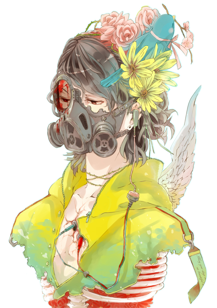 1boy absurdres amputee angel_wings blood broken_mask commentary_request double_amputee ear_piercing earpiece fasna feathered_wings flower gas_mask grey_hair highres male_focus mask original piercing pink_flower pink_rose red_flower ribs rose short_hair simple_background upper_body white_background white_wings wings yellow_flower