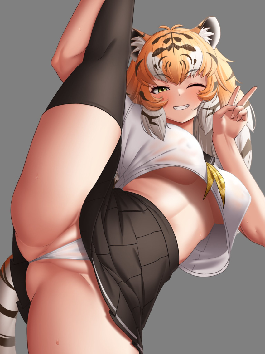 1girl animal_ears animal_print black_hair blush breasts cameltoe collared_shirt deku_suke flexible highres holding_leg kemono_friends large_breasts leg_hold leg_lift leg_up multicolored_hair necktie one_eye_closed orange_hair panties shirt short_sleeves skirt smile solo split standing standing_on_one_leg standing_split sumatran_tiger_(kemono_friends) tail thighhighs tiger_ears tiger_girl tiger_print tiger_tail underboob underwear v white_hair white_panties yellow_eyes