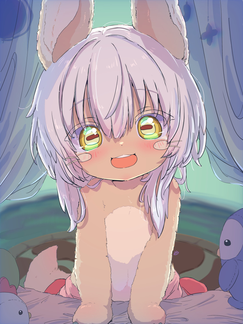 1other absurdres animal_ears blush brown_fur commentary_request furry furry_other highres looking_at_viewer made_in_abyss medium_hair nanachi_(made_in_abyss) no_headwear open_mouth sekaineko_001 smile solo tareme upper_body whiskers white_hair yellow_eyes