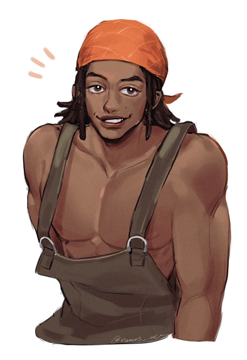 1boy absurdres bandana bright_pupils brown_eyes brown_hair brown_overalls dark-skinned_male dark_skin dreadlocks grin highres male_focus medium_hair nipples notice_lines one_piece one_piece_(live_action) orange_bandana overalls pectorals simple_background smile solo teeth toned toned_male upper_body usopp vamos_mk white_background white_pupils