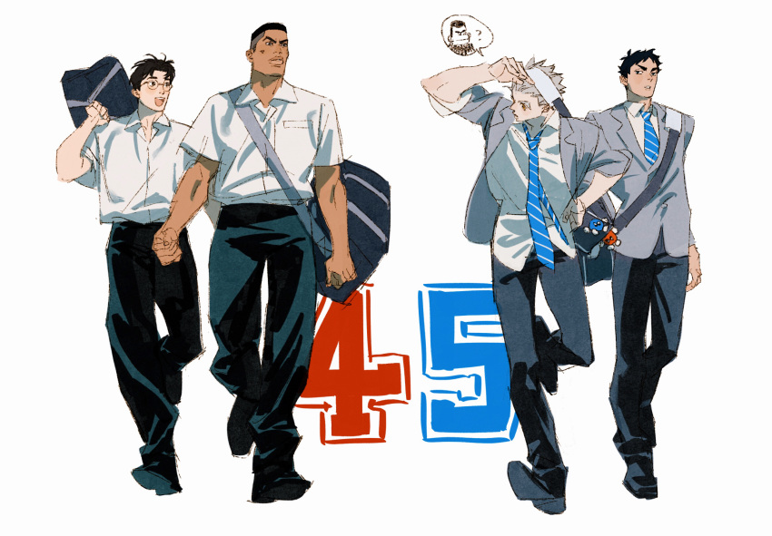 4boys akaashi_keiji akagi_takenori bag black_eyes black_footwear black_hair black_pants blue_necktie bokuto_koutarou chengongzi123 collared_shirt crossover dark-skinned_male dark_skin duffel_bag full_body glasses grey_hair grey_jacket haikyuu!! hand_on_own_hip highres holding holding_bag jacket kogure_kiminobu long_sleeves looking_at_another male_focus multiple_boys necktie open_mouth pants round_eyewear school_uniform shirt short_hair short_sleeves shoulder_bag simple_background slam_dunk_(series) striped_necktie thick_eyebrows thick_lips undercut very_short_hair walking white_background white_shirt yellow_eyes