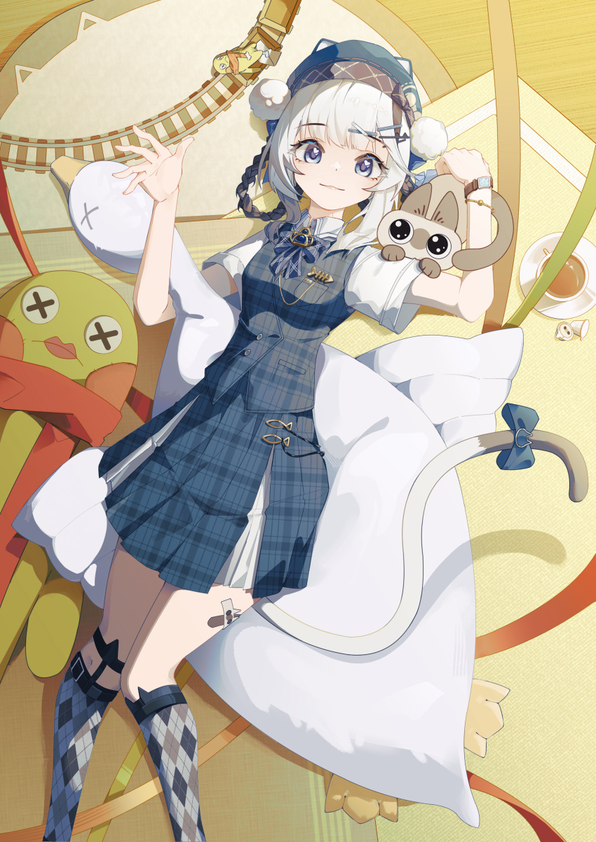 absurdres animal_ear_headwear animal_ears bambinata_(punishing:_gray_raven) beret bird black_hair blue_bow blue_bowtie blue_jacket blue_skirt bow bowtie braided_hair_rings cat_ears cat_tail checkered_bow checkered_bowtie checkered_clothes checkered_jacket checkered_skirt closed_mouth collared_shirt fish_bone goose hair_ornament hairclip hat heart heart-shaped_pupils highres jacket mizu_moku_shio multicolored_hair official_alternate_costume pom_pom_hat_ornament punishing:_gray_raven shirt short_sleeves sidelocks skirt stuffed_animal stuffed_cat stuffed_frog stuffed_toy symbol-shaped_pupils tail tail_bow tail_ornament two-tone_hair white_hair white_pom_poms white_shirt x_hair_ornament