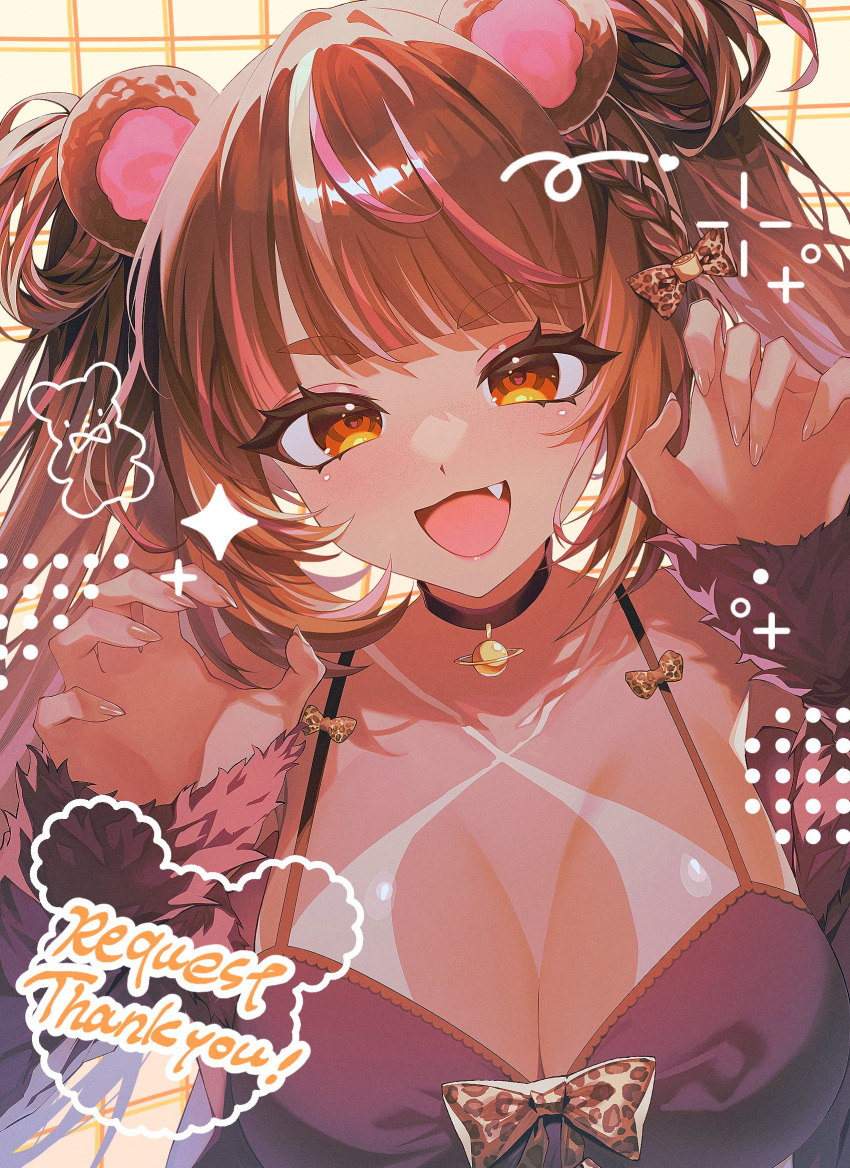 1girl animal_ears bear_ears bear_girl black_choker bow breasts brown_bow brown_eyes brown_hair choker commission eyelashes fang fur-trimmed_sleeves fur_trim hair_bow highres indie_virtual_youtuber large_breasts long_hair multicolored_hair open_mouth paw_pose pink_hair sena_bonbon sics_(666daisuchan) skeb_commission solo streaked_hair symbol_in_eye tan tanlines thank_you upper_body virtual_youtuber white_hair