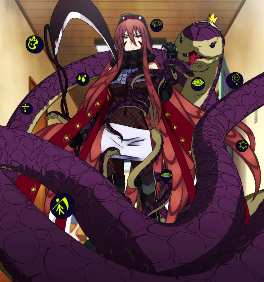 1girl animal crown highres kagari_ayaka long_hair red_eyes red_hair scythe skirt snake standing stitched very_long_hair weapon white_skirt witch_craft_works