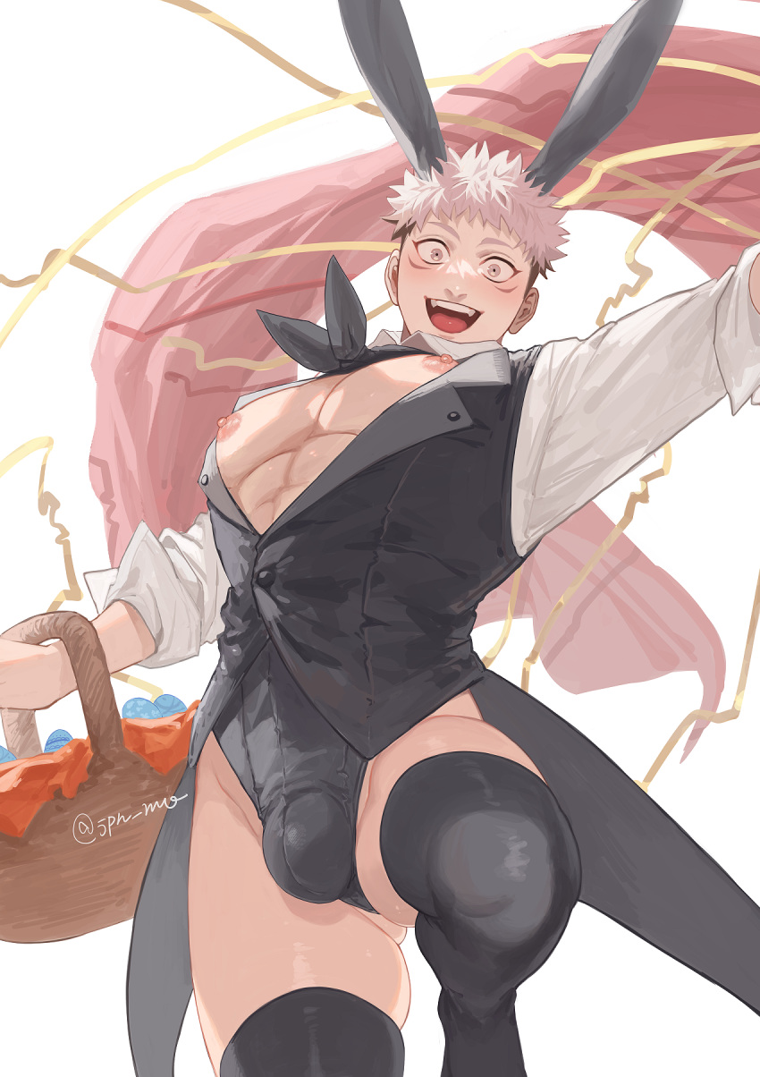 1boy animal_ears bara bare_pectorals basket brown_eyes bulge ccccc_(jpn_m0) commentary facial_mark highres itadori_yuuji jujutsu_kaisen large_pectorals looking_at_viewer male_focus male_playboy_bunny muscular muscular_male nipples open_mouth pectorals pink_hair rabbit_boy rabbit_ears short_hair smile solo symbol-only_commentary thick_thighs thighs twitter_username undercut