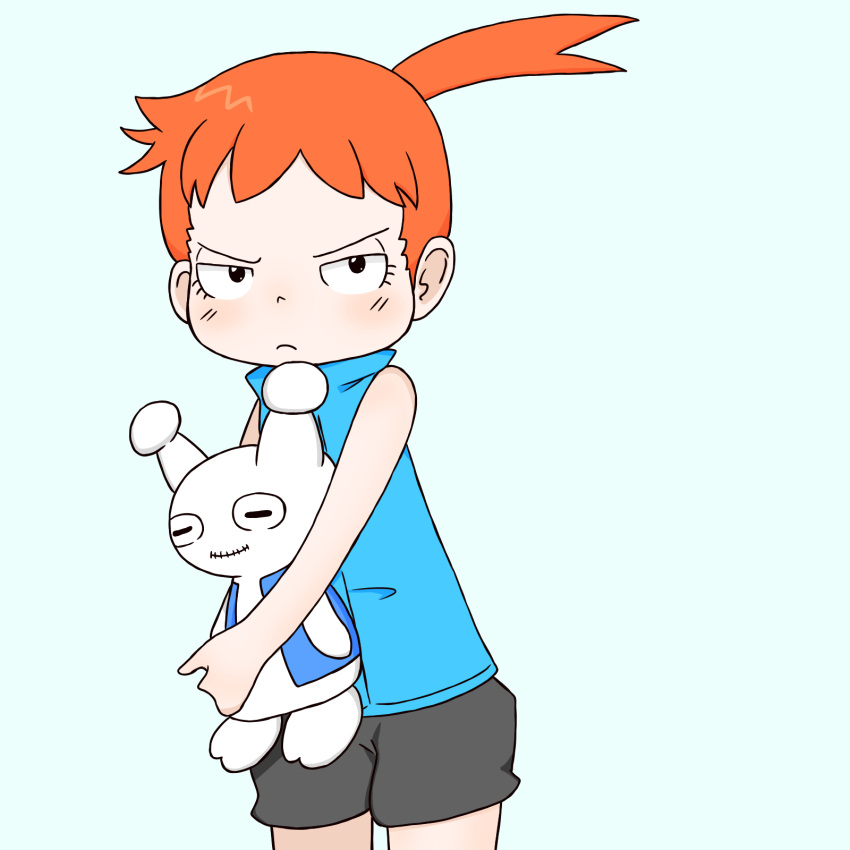 &gt;:( 1girl black_shorts blue_vest child high_ponytail highres horizontal_pupils hugging_doll hugging_object kamisama_no_kaigogakari long_hair looking_at_viewer orange_hair ponytail shorts simple_background solo user_ucht2484 v-shaped_eyebrows vest white_background zhihan