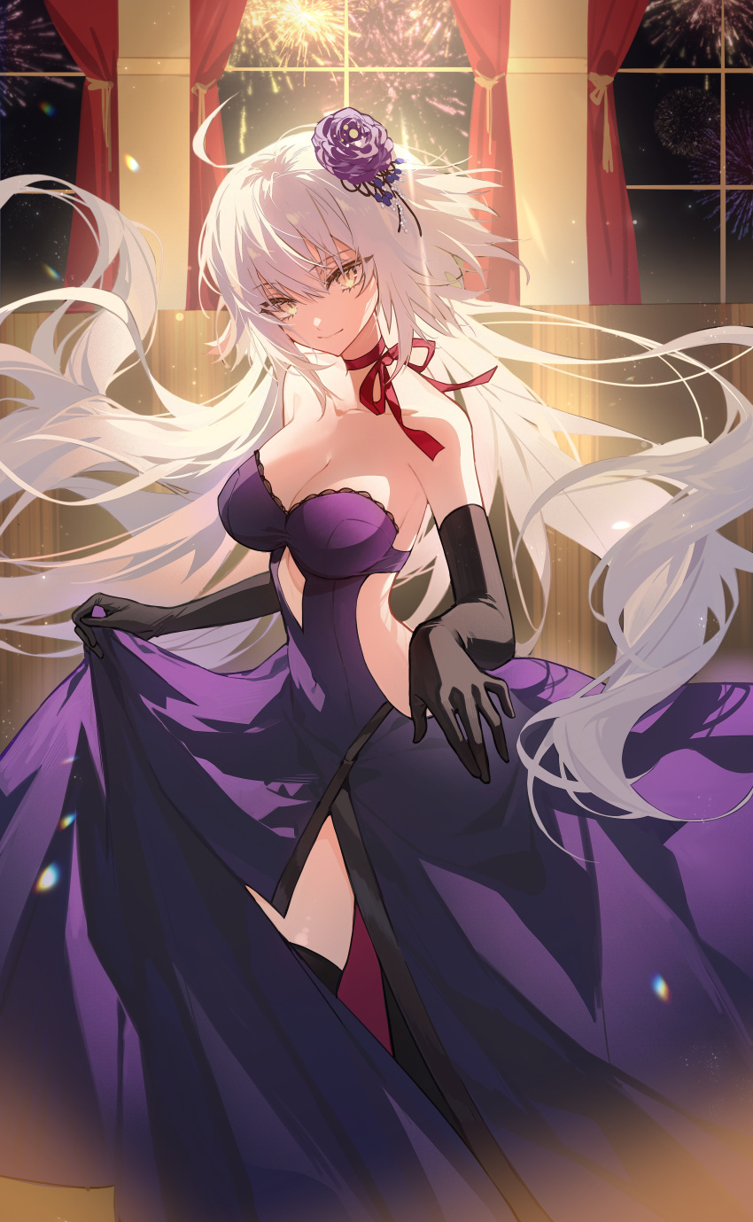 1girl absurdres bare_shoulders black_gloves breasts cleavage dress elbow_gloves fate/grand_order fate_(series) gloves grey_hair highres jeanne_d'arc_alter_(avenger)_(fate) jeanne_d'arc_alter_(fate) large_breasts long_hair looking_at_viewer purple_dress smile solo very_long_hair yellow_eyes youling_keke