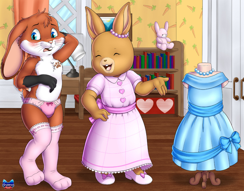 alexandross anthro bookshelf clothing dress duo embarrassed female furniture lagomorph legwear leporid male mammal maple_town pantyhose patty_(maple_town) rabbit rudipomp toy