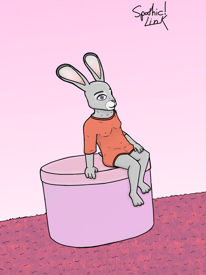 absurd_res anthro big_ears bottomless carpet clothed clothing disney female futon hi_res judy_hopps lagomorph leporid looking_at_viewer mammal nipple_outline orange_clothing orange_shirt orange_topwear oversized_clothing pantsless purple_eyes rabbit shirt shirt_only simple_background size_difference smaller_female solo spathic_link topwear topwear_only zootopia