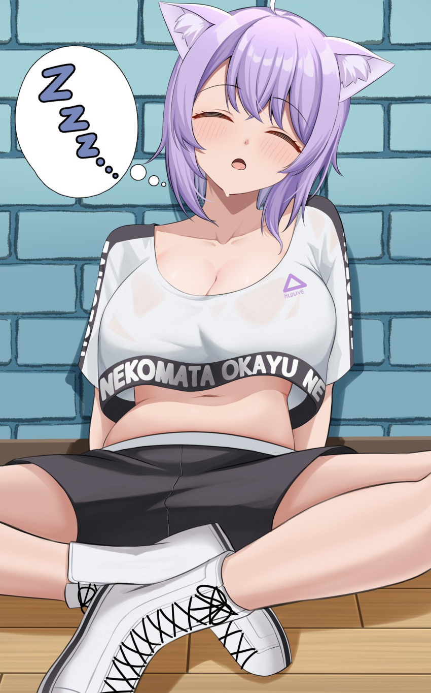 1girl 9696k ahoge animal_ear_fluff animal_ears black_shorts blush breasts brick_wall cat_ears cat_girl character_name cleavage closed_eyes crop_top gym_uniform highres hololive midriff navel nekomata_okayu open_mouth purple_hair shadow shirt shoes short_hair shorts sleeping solo sweat thought_bubble virtual_youtuber white_footwear white_shirt wooden_floor zzz