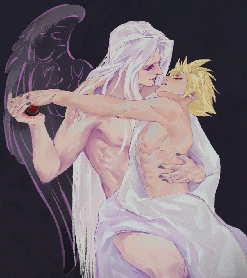 2boys abs arashishadow15 arm_around_back arms_around_neck arms_up bed_sheet black_background black_nails black_wings blonde_hair closed_eyes cloud_strife commentary couple covering_privates earrings feathered_wings final_fantasy final_fantasy_vii final_fantasy_vii_rebirth final_fantasy_vii_remake hand_up hashtag_only_commentary head_back highres holding_hands holding_orb hug jewelry light_smile long_bangs long_hair looking_at_another looking_down male_focus materia multiple_boys muscular muscular_male nail_polish naked_sheet nipples nude nude_cover orb parted_bangs parted_lips sephiroth short_hair single_wing sitting spiked_hair stud_earrings upper_body very_long_hair white_hair wings yaoi