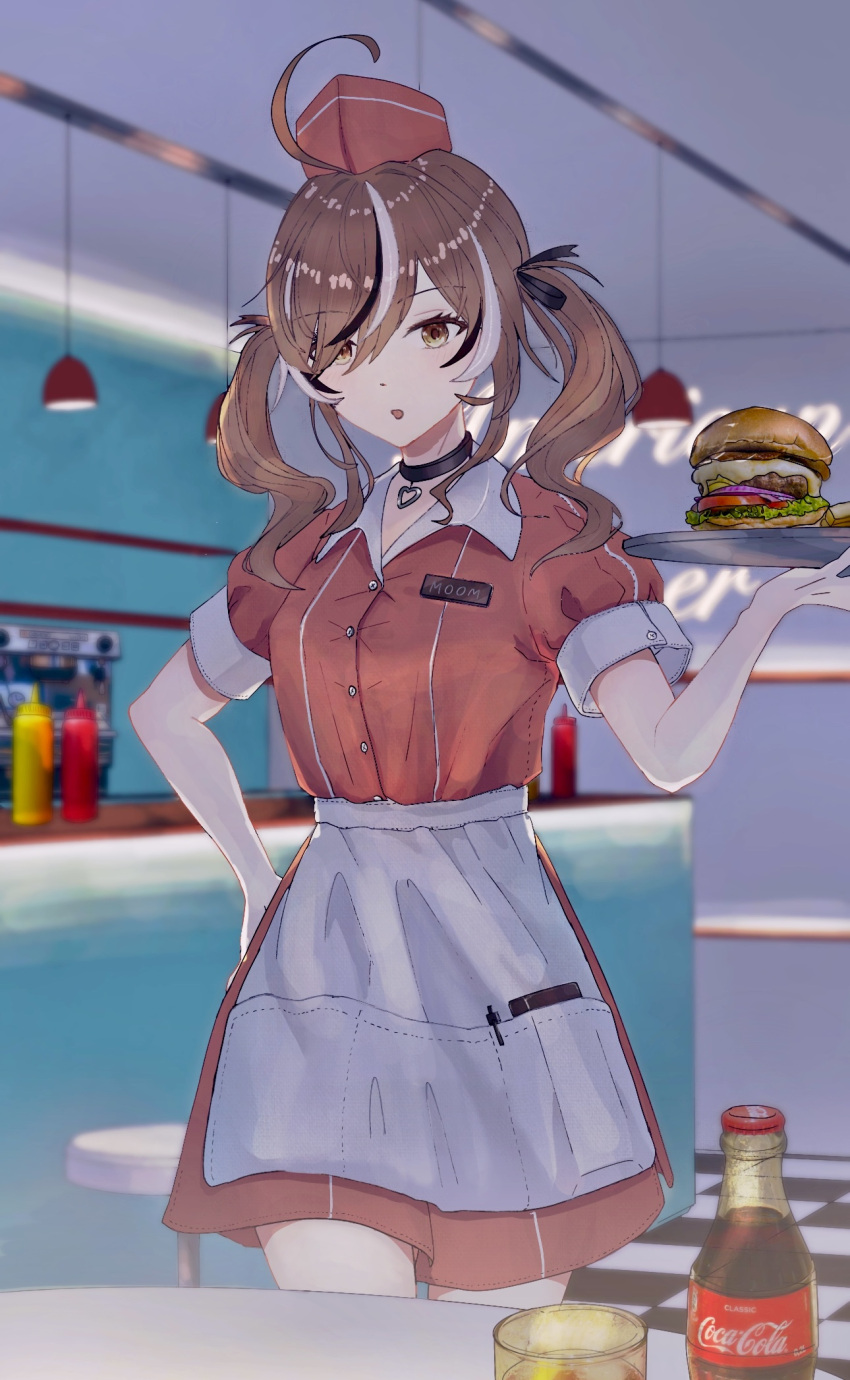 1girl ahoge apron black_choker bottle burger choker coca-cola counter cup employee_uniform fast_food fast_food_uniform food fzvkrjisli18183 hair_over_one_eye heart heart_choker highres holding holding_tray hololive hololive_english huge_ahoge ketchup lights looking_at_viewer mustard nanashi_mumei official_alternate_hairstyle orange_shirt orange_skirt shirt short_sleeves skirt tray twintails uniform virtual_youtuber waitress white_apron