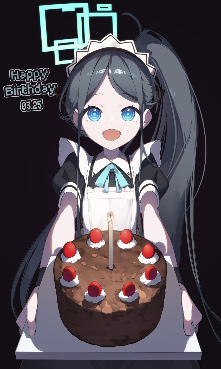1girl absurdly_long_hair absurdres apron aris_(blue_archive) aris_(maid)_(blue_archive) black_background black_dress black_hair blue_archive blue_eyes blue_halo blush cake candle dated dress food halo happy_birthday highres long_hair looking_at_viewer maid maid_apron maid_headdress n_sol official_alternate_costume open_mouth puffy_short_sleeves puffy_sleeves short_sleeves simple_background smile solo very_long_hair white_apron