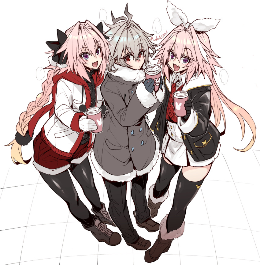 3boys alternate_costume antenna_hair astolfo_(fate) astolfo_(saber)_(fate) astolfo_(saber)_(third_ascension)_(fate) black_bow black_jacket black_pants black_pantyhose black_scrunchie black_sweater black_thighhighs boots bow braid breath brown_coat brown_footwear buttons coat coffee_cup cross-laced_footwear cup disposable_cup double-breasted dual_persona fang fate/apocrypha fate/grand_order fate_(series) full_body fur-trimmed_boots fur-trimmed_bow fur-trimmed_coat fur_trim grey_hair hair_between_eyes hair_bow hair_intakes hair_ornament hair_scrunchie haoro highres holding holding_cup jacket lace-up_boots long_braid long_hair multicolored_hair multiple_boys open_mouth otoko_no_ko pants pantyhose pink_hair pom_pom_(clothes) purple_eyes red_eyes red_shorts scrunchie shoes shorts sieg_(fate) signature single_braid skin_fang skirt streaked_hair sweater thighhighs twintails two-tone_hair very_long_hair white_background white_hair white_jacket white_skirt winter_clothes