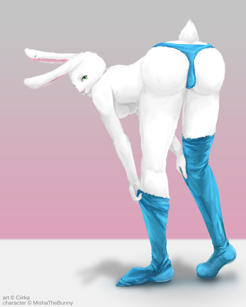 anthro breasts bulge butt ciirka ear_piercing fur green_eyes invalid_tag lagomorph lapine legwear looking_at_viewer mammal misha mishathebunny panties piercing pinup pose rabbit rubber smile solo stockings underwear