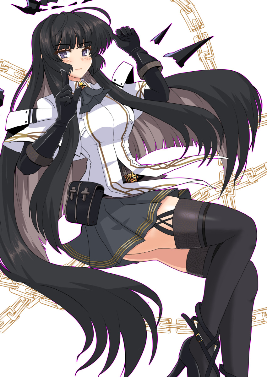 1girl arknights black_footwear black_gloves black_hair black_thighhighs breasts commentary_request gloves grey_skirt harukatron high_heels highres long_hair looking_at_viewer medium_breasts miniskirt pleated_skirt pouch purple_eyes shirt skirt smile solo thighhighs very_long_hair virtuosa_(arknights) white_shirt