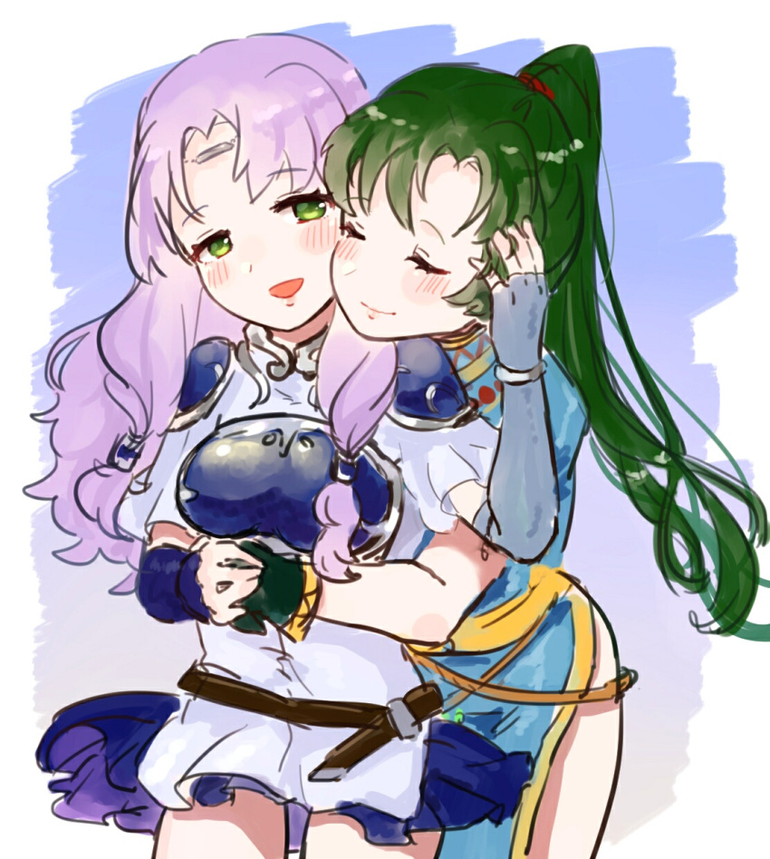 2girls armor belt blue_gloves blush breastplate closed_eyes closed_mouth dress fingerless_gloves fire_emblem fire_emblem:_the_blazing_blade florina_(fire_emblem) gloves green_eyes green_gloves green_hair hand_on_another's_face highres holding_hands hug hug_from_behind long_hair looking_at_another lyn_(fire_emblem) multiple_girls open_mouth ponytail purple_hair sakuramotikun white_dress yuri