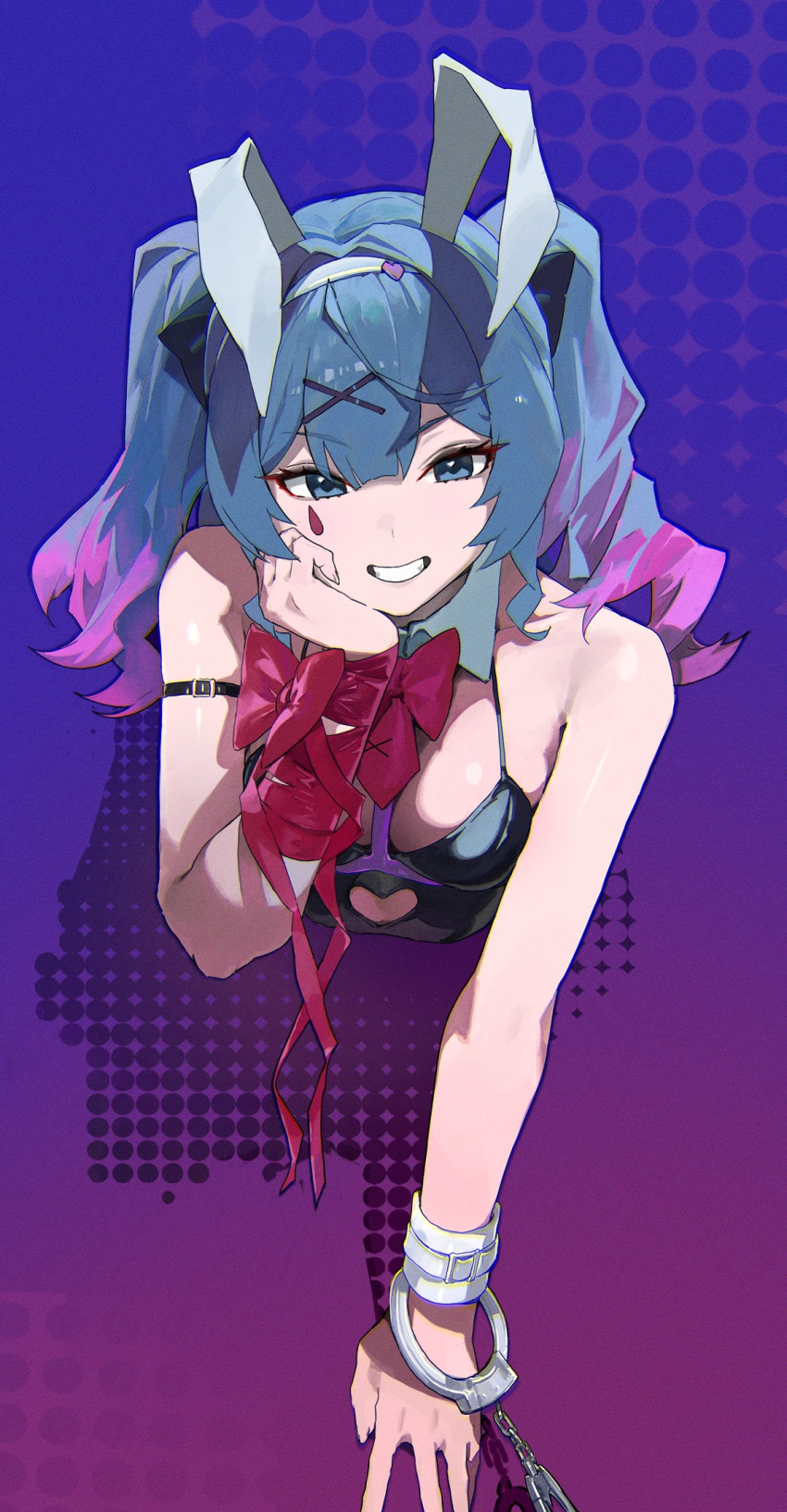 024th 1girl animal_ears arm_belt arm_ribbon bare_shoulders black_leotard blue_hair bow bowtie breasts clothing_cutout cutout_above_navel detached_collar fake_animal_ears gradient_background grin hair_ornament hand_on_own_chin hand_on_wall handcuff_dangle hatsune_miku heart_cutout highres leotard looking_at_viewer medium_breasts multicolored_hair pink_bow pink_bowtie pink_hair pink_ribbon playboy_bunny polka_dot_shadow rabbit_ears rabbit_hole_(vocaloid) ribbon shadow smile solo spaghetti_strap streaked_hair teardrop_facial_mark teeth through_wall twintails two-tone_hair vocaloid x_hair_ornament