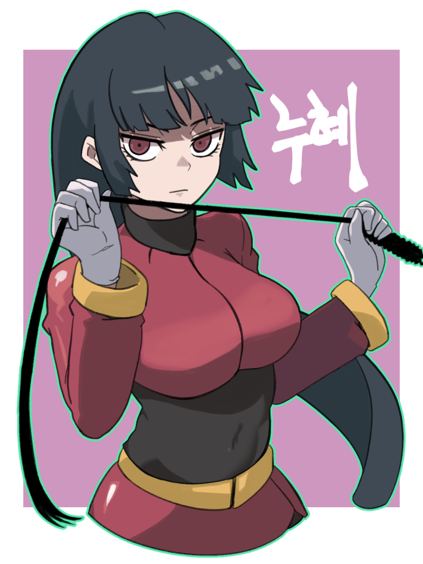 1girl black_bodysuit black_hair blunt_bangs bodysuit bodysuit_under_clothes breasts covered_navel crop_top cropped_jacket cropped_torso gigobyte350 gloves highres hime_cut holding holding_whip jacket large_breasts long_hair long_sleeves pencil_skirt pokemon pokemon_frlg red_eyes red_jacket red_skirt sabrina_(pokemon) side_slit skirt solo turtleneck turtleneck_jacket white_gloves