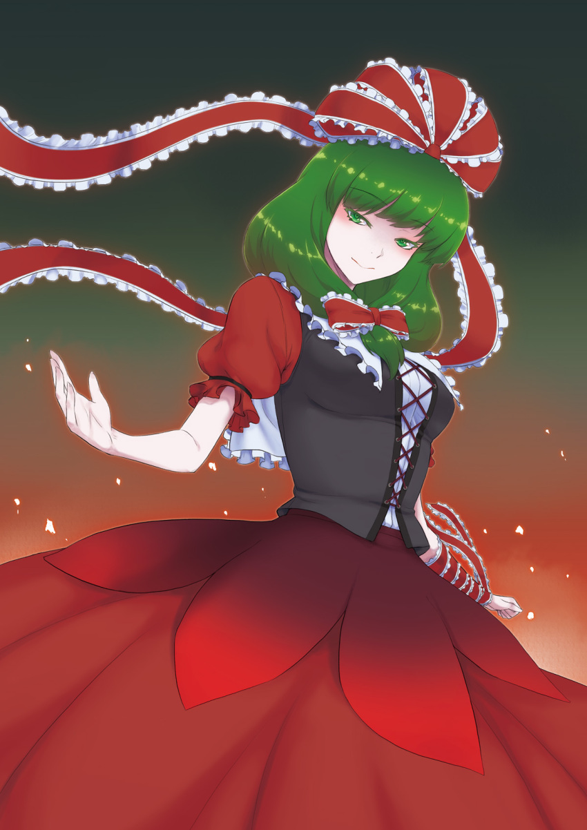 arm_ribbon bow frilled_bow frilled_ribbon frilled_sleeves frills front_ponytail gradient_background green_eyes green_hair hair_bow highres kagiyama_hina kakone long_ribbon long_skirt looking_at_viewer multicolored_background puffy_short_sleeves puffy_sleeves red_bow red_ribbon red_skirt ribbon short_sleeves skirt touhou