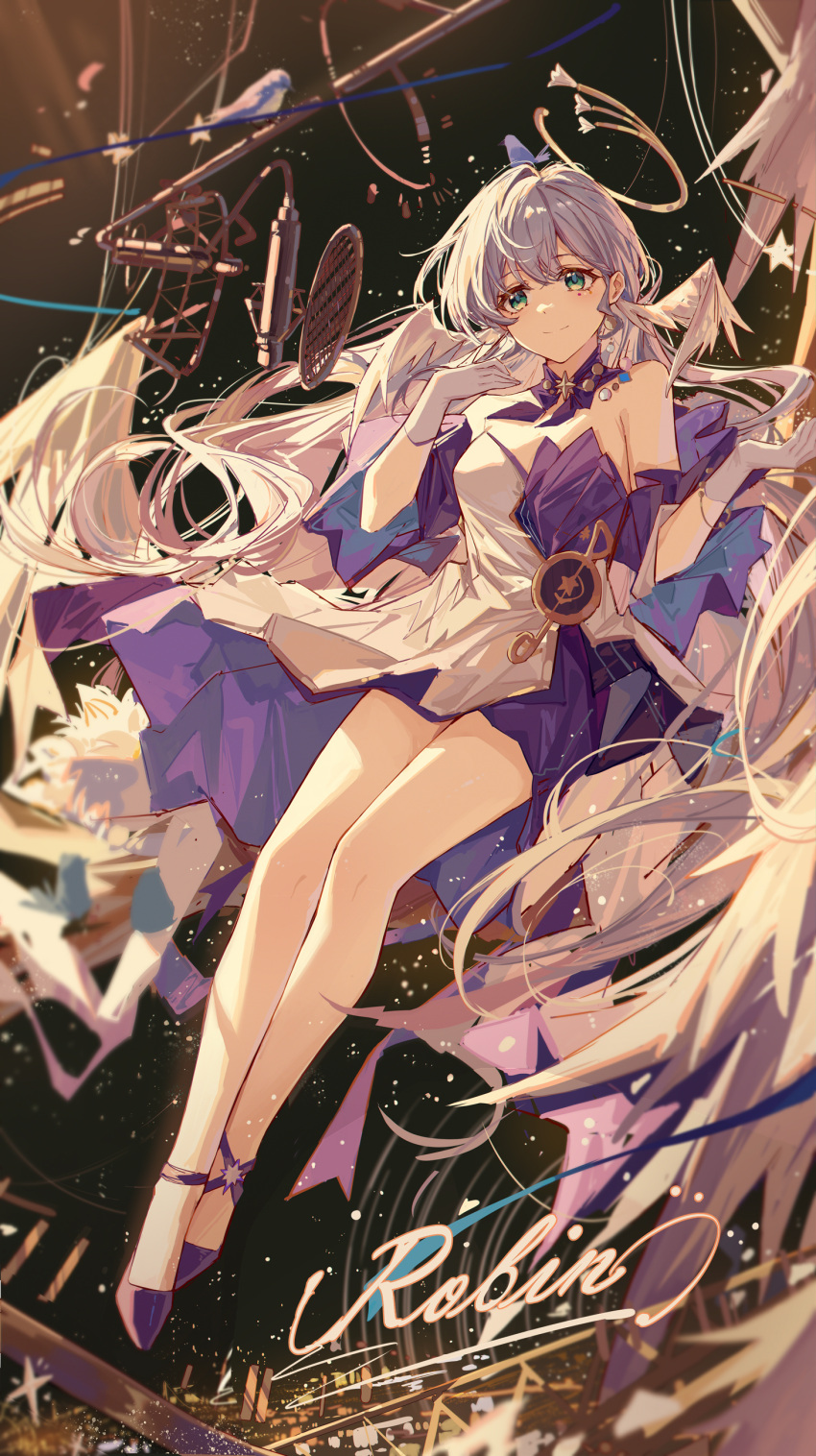 1girl absurdres bare_shoulders character_name closed_mouth detached_collar detached_sleeves dress floating_hair full_body gloves green_eyes grey_hair halo hands_up head_wings high_heels highres honkai:_star_rail honkai_(series) long_hair long_sleeves looking_at_viewer purple_dress purple_footwear revision robin_(honkai:_star_rail) sky smile solo star_(sky) starry_sky two-tone_dress very_long_hair white_dress white_gloves white_wings wide_sleeves wings yajuu