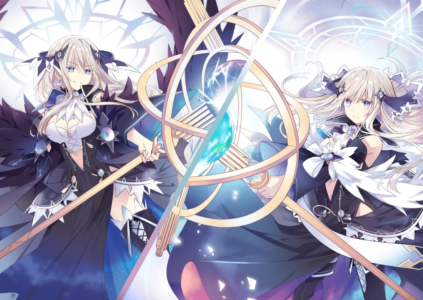 2girls blonde_hair bow breasts clothing_cutout collar cross-laced_footwear detached_sleeves dress hair_ornament halo highres jewelry kuozaki_saika looking_at_viewer medium_breasts multicolored_eyes multiple_girls navel_cutout ou-sama_no_propose thighhighs tsunako weapon