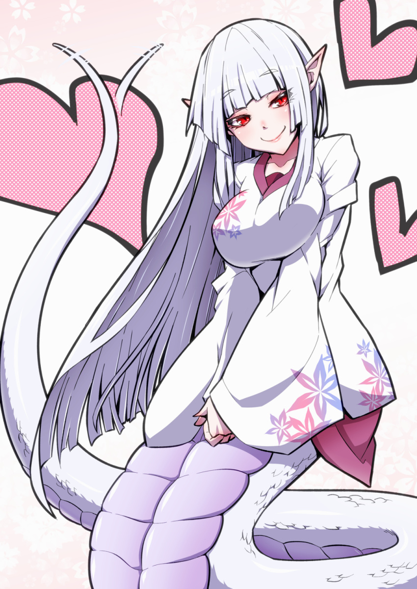 animal_humanoid apode big_breasts breasts draconcopode female hair hearts_around_body hearts_around_head hi_res humanoid humanoid_pointy_ears lamia legless long_hair motion_lines mugenjin red_eyes reptile reptile_humanoid scales scalie scalie_humanoid serpentine smile smiling_at_viewer snake snake_humanoid solo split_form taur white_body white_hair white_scales wide_sleeves