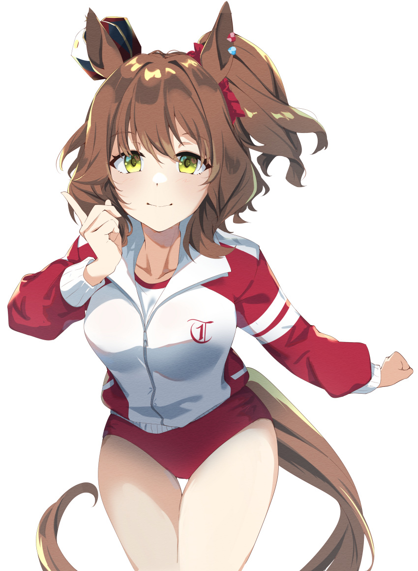 1girl absurdres animal_ears aston_machan_(umamusume) brown_hair buruma crown green_eyes hair_between_eyes hair_ornament hair_scrunchie highres horse_ears horse_girl horse_tail index_finger_raised jacket looking_at_viewer medium_hair mini_crown red_buruma red_jacket red_scrunchie scrunchie shikaya side_ponytail simple_background solo tail tracen_training_uniform track_jacket umamusume white_background