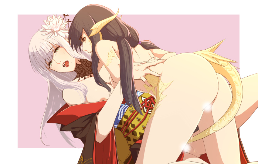 areola_slip ass au_ra black_choker black_hair breasts brown_eyes censored choker commentary completely_nude crying crying_with_eyes_open final_fantasy final_fantasy_xiv flower grey_hair hair_flower hair_ornament hand_on_another's_back highres japanese_clothes kimono large_breasts long_hair nude nyasa obi off_shoulder open_mouth pink_background pussy pussy_juice red_kimono red_lips sash scales tail_insertion tears twintails two-tone_background vaginal white_background white_flower white_hair yotsuyu_goe_brutus yugiri_mistwalker yuri