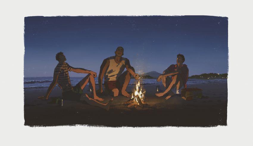 3boys absurdres akagi_takenori barefoot beach black_hair box campfire can chengongzi123 drink_can fire full_body green_pants highres knee_up knees_up kogure_kiminobu looking_up male_focus male_swimwear mitsui_hisashi mountainous_horizon multiple_boys night night_sky outdoors pants sand shirt shore short_hair short_sleeves sitting sky slam_dunk_(series) star_(sky) striped_clothes striped_shirt swim_trunks tank_top very_short_hair water