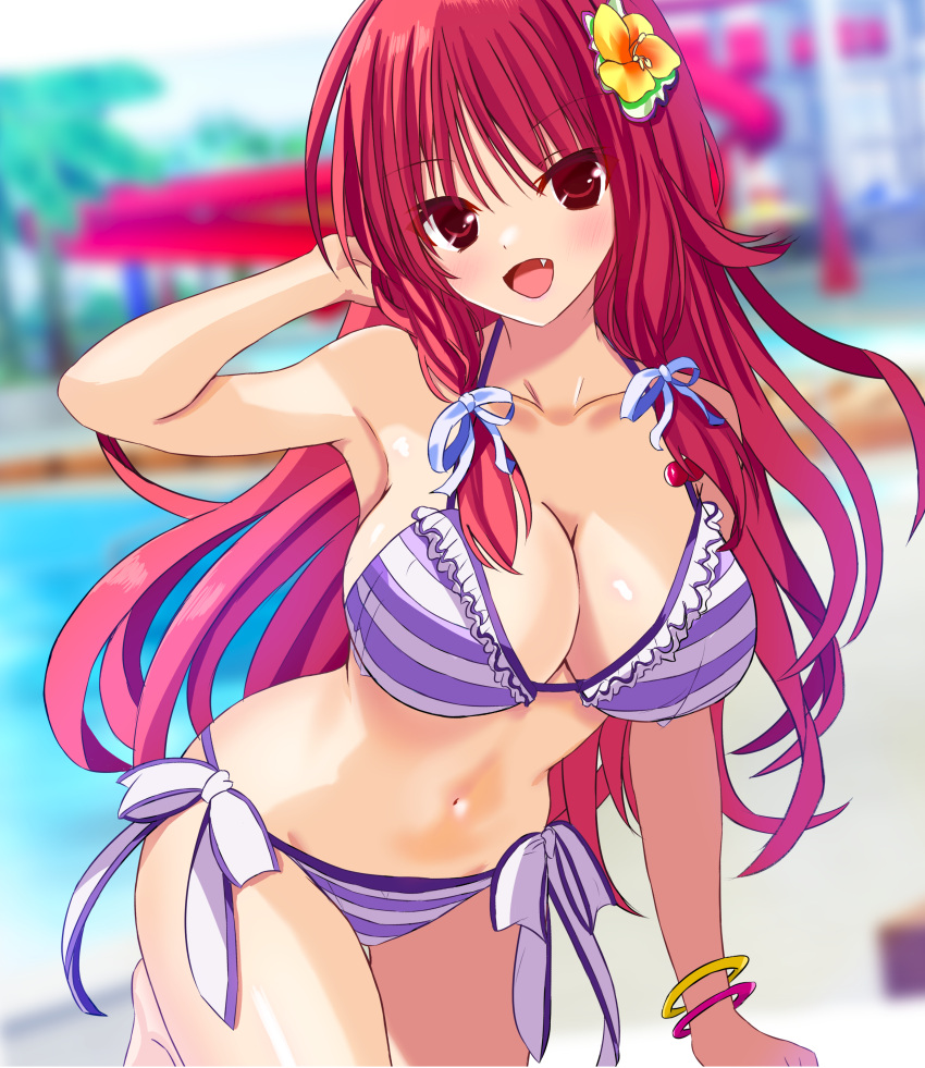 1girl :d absurdres bare_shoulders bikini blurry blurry_background blush bracelet breasts cleavage colored_eyelashes commentary_request cowboy_shot curvy day fang floating_hair flower frilled_bikini frills hair_between_eyes hair_flower hair_ornament hair_ribbon halterneck hand_up head_tilt highres jewelry large_breasts long_hair looking_at_viewer navel open_mouth outdoors poolside prism_recollection! purple_bikini red_eyes red_hair renjou_sayaka ribbon sakuratoru side-tie_bikini_bottom sidelocks smile solo stomach straight_hair striped_bikini striped_clothes swimsuit thigh_gap tress_ribbon very_long_hair white_ribbon yellow_flower