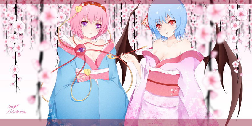 alternate_costume bad_id bad_pixiv_id bare_shoulders bat_wings blue_hair breasts cherry_blossoms cleavage dclockwork floral_print hair_ribbon hairband heart highres japanese_clothes kimono kiseru komeiji_satori long_sleeves multiple_girls obi off_shoulder open_mouth pink_hair pipe purple_eyes red_eyes remilia_scarlet ribbon sash small_breasts smile third_eye touhou tree wide_sleeves wings yukata