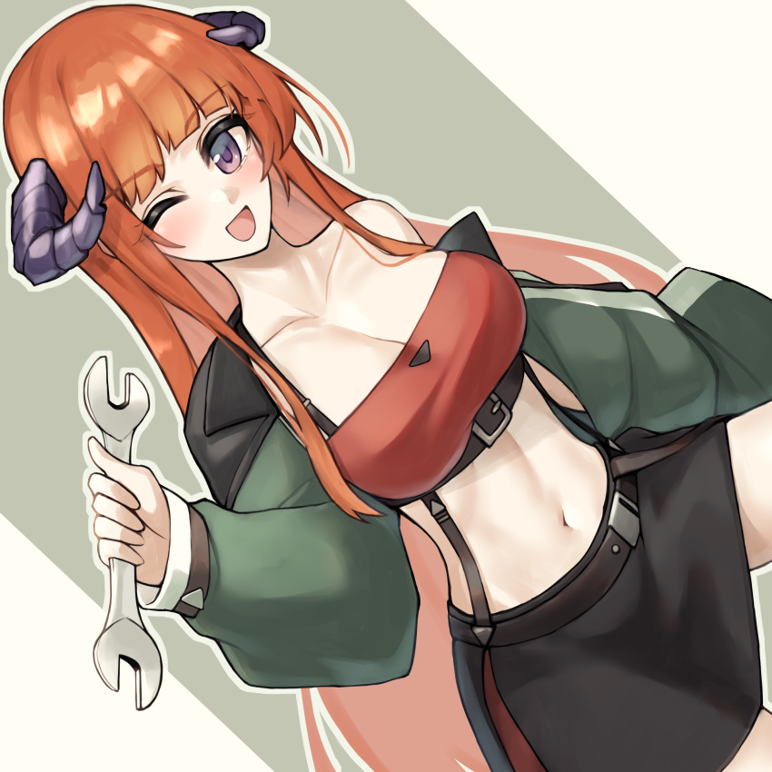 1girl ;d absurdres arknights bagpipe_(arknights) bandeau belt black_belt black_skirt blunt_bangs commentary_request highres holding holding_wrench horns long_hair long_sleeves looking_at_viewer midriff miniskirt navel one_eye_closed open_mouth orange_hair purple_eyes single_bare_shoulder skirt smile solo stomach strapless suspenders tube_top very_long_hair wrench yuki_nko64