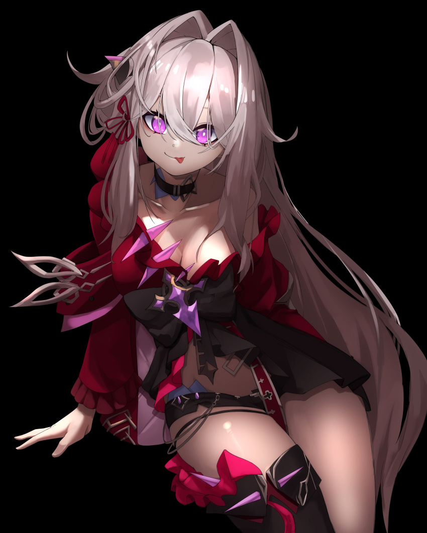 1girl absurdres anklet belly black_background black_choker black_ribbon black_shorts breasts bright_pupils choker cream_bread cross dark_background hair_ornament hair_over_eyes highres honkai_(series) honkai_impact_3rd jacket jewelry long_hair long_sleeves looking_at_viewer purple_eyes red_jacket red_ribbon ribbon ribbon_hair_ornament shorts simple_background single_bare_leg smile solo solo_focus thelema_(honkai_impact) tongue tongue_out very_long_hair white_hair white_pupils
