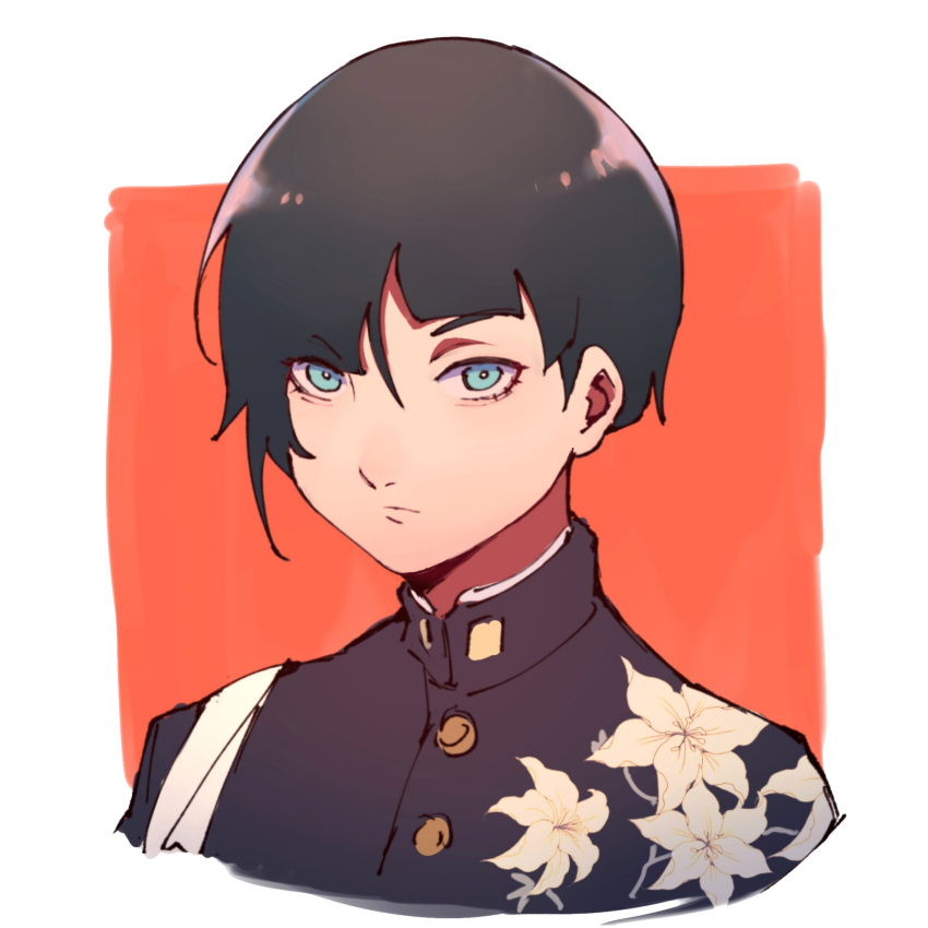 1boy androgynous asymmetrical_bangs black_hair blue_eyes bright_pupils closed_mouth eyelashes floral_print gakuran highres long_hair looking_at_viewer male_focus protagonist_(smtv) red_background school_uniform shin_megami_tensei shin_megami_tensei_v short_hair simple_background solo tedty33 white_pupils