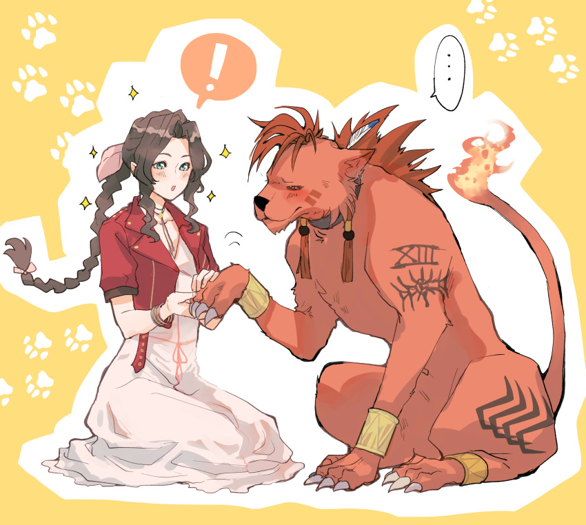 ! ... 1boy 1girl aerith_gainsborough animal blush braid braided_ponytail brown_hair demi_co dress final_fantasy final_fantasy_vii final_fantasy_vii_rebirth final_fantasy_vii_remake full_body green_eyes highres holding_paw jacket kneeling red_jacket red_xiii simple_background sparkle spoken_ellipsis spoken_exclamation_mark white_dress yellow_background