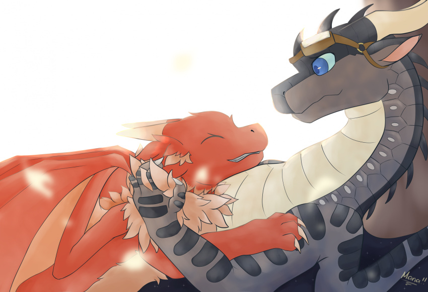 claws cuddling dragon duo fatehunter feral fur furred_dragon hi_res horn male male/male mana_(manaaa) manaaa mythological_creature mythological_scalie mythology nightwing_(wof) red_body red_fur scalie white_claws white_horn wings_of_fire