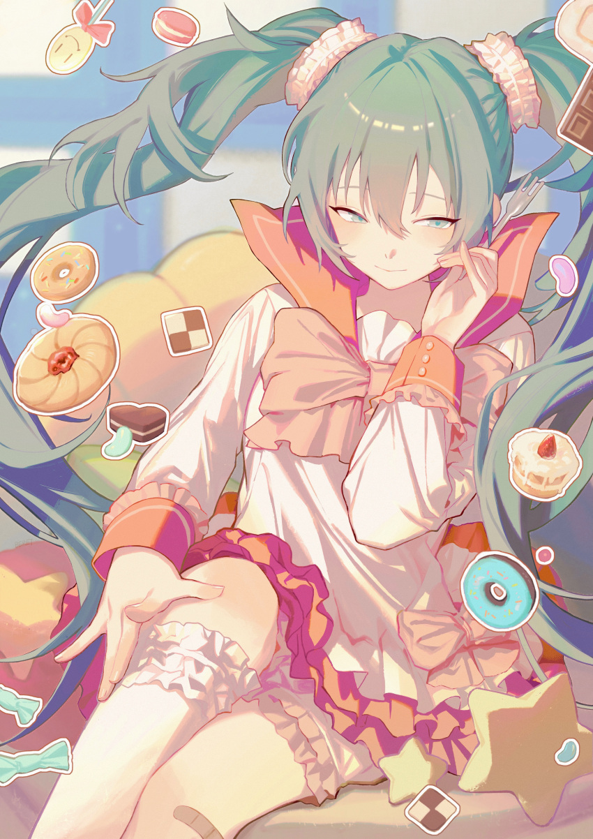 1girl absurdres aqua_eyes aqua_hair bandaid bandaid_on_knee bandaid_on_leg beileimao blush cookie cupcake cushion doughnut floating_hair food fork frilled_skirt frilled_thighhighs frills hair_between_eyes hatsune_miku highres holding holding_fork lol_-lots_of_laugh-_(vocaloid) long_hair looking_to_the_side pink_ribbon pink_sailor_collar ribbon sailor_collar single_thighhigh sitting skirt solo sweets thighhighs twintails upper_body very_long_hair vocaloid white_thighhighs