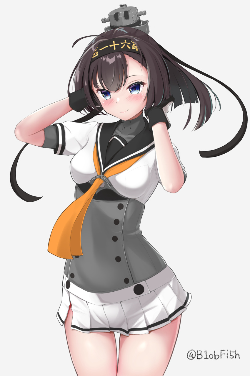 1girl ahoge akizuki_(kancolle) black_gloves black_hair black_headband black_sailor_collar blue_eyes breasts closed_mouth clothes_writing corset cowboy_shot gloves hachimaki headband highres kantai_collection long_hair medium_breasts miniskirt neckerchief nyuudou_kajika orange_neckerchief pleated_skirt ponytail sailor_collar school_uniform serafuku short_sleeves skirt smile solo two-tone_gloves white_gloves white_skirt