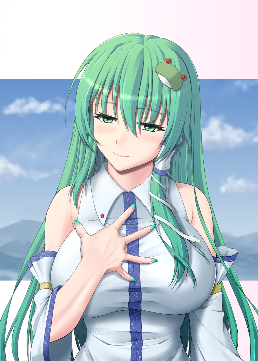 1girl bare_shoulders blush breasts commentary_request detached_sleeves fingernails frog_hair_ornament green_eyes green_hair hair_ornament hair_tubes hand_on_own_chest highres kochiya_sanae large_breasts letterboxed light_smile long_hair nail_polish snake_hair_ornament solo straight_hair touhou upper_body very_long_hair vision_(artist)