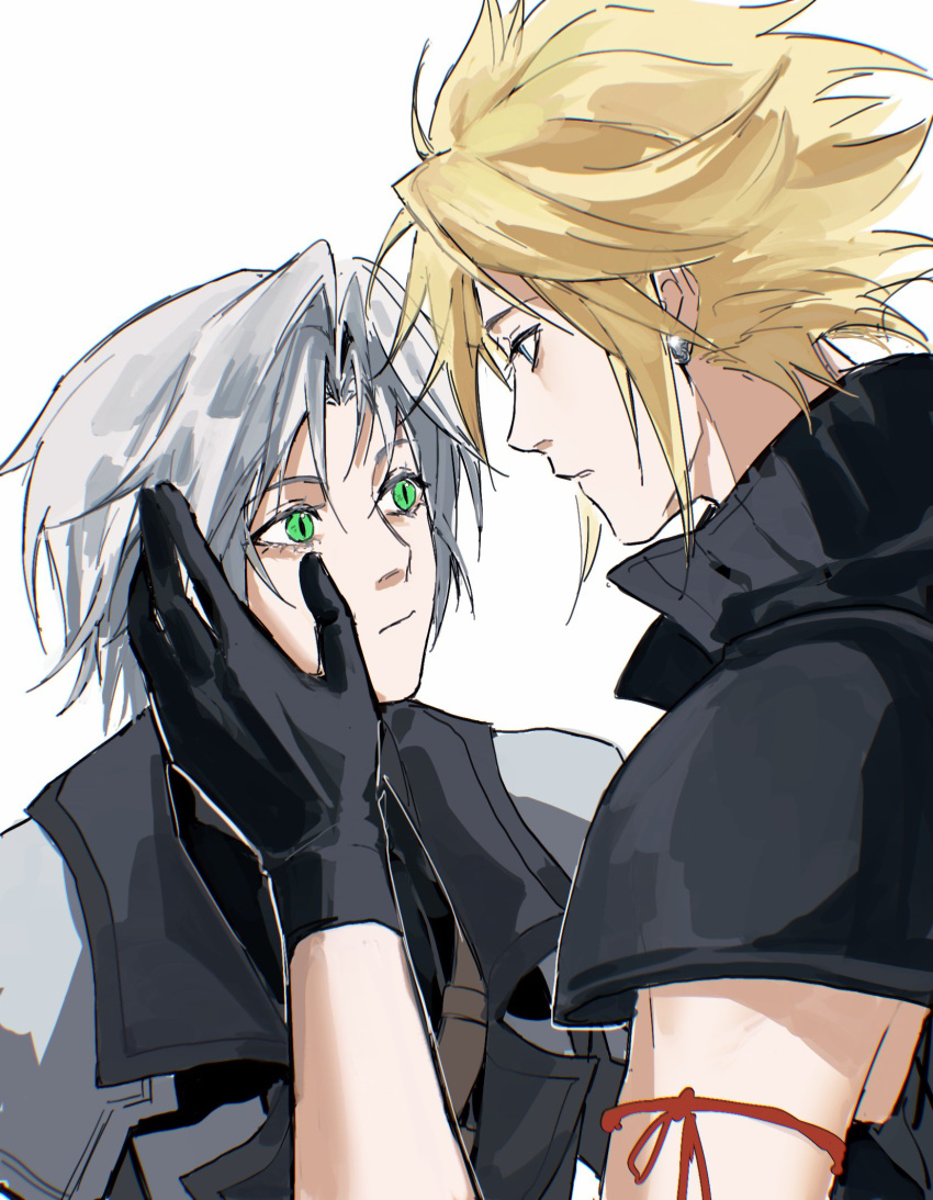 2boys age_difference aged_down arm_ribbon armor black_coat black_gloves blonde_hair chest_strap chinese_commentary cloud_strife coat commentary_request earrings final_fantasy final_fantasy_vii final_fantasy_vii_advent_children final_fantasy_vii_ever_crisis gloves green_eyes grey_hair hand_on_another's_cheek hand_on_another's_face hand_up high_collar highres in-franchise_crossover jewelry looking_at_another male_focus multiple_boys parted_bangs parted_lips pauldrons raven9_k red_ribbon ribbon sephiroth short_hair shoulder_armor simple_background slit_pupils spiked_hair stud_earrings upper_body white_background wide-eyed yaoi