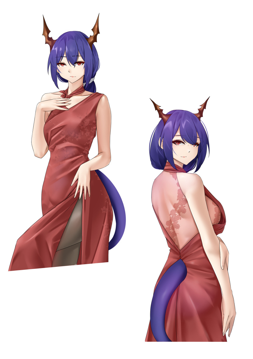 1girl absurdres arknights bare_shoulders black_pantyhose blue_hair breasts casperrin ch'en_(arknights) collarbone commentary cropped_legs dragon_girl dragon_horns dragon_tail dress english_commentary hair_between_eyes highres horns long_hair looking_at_viewer looking_back low_ponytail medium_breasts multiple_views pantyhose red_dress red_eyes side_slit sleeveless sleeveless_dress tail