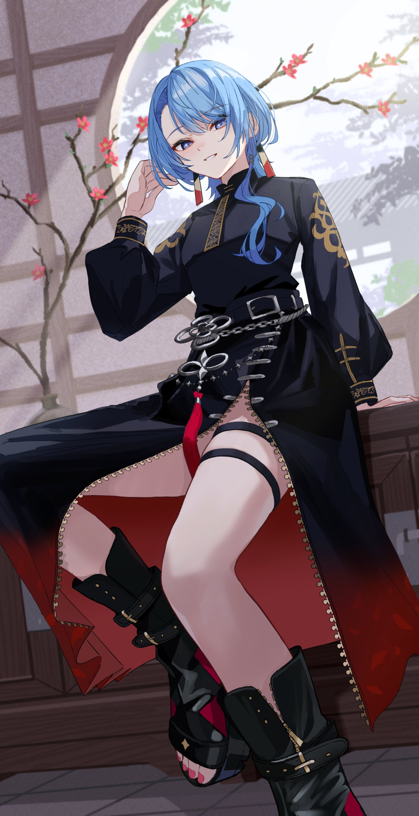 1girl absurdres architecture black_dress black_footwear blue_hair commentary_request day dress east_asian_architecture hanafuda_earrings hand_up highres hololive hoshimachi_suisei hoshimachi_suisei_(8th_costume) long_hair long_sleeves looking_at_viewer multicolored_clothes multicolored_dress nail_polish parted_bangs puffy_long_sleeves puffy_sleeves red_nails side_slit sitting smile solo tagosaku_(tatsukiuma0329) toeless_footwear virtual_youtuber wavy_hair