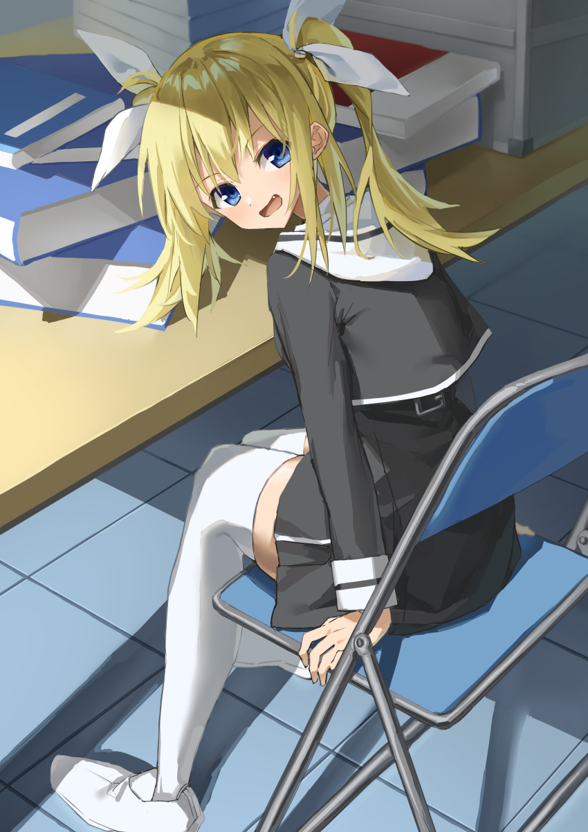 1girl absurdres arimura_hinae arms_at_sides black_jacket black_skirt blonde_hair blue_eyes blush chaos;child commentary cropped_jacket fang from_behind full_body hair_between_eyes hair_ribbon happy high-waist_skirt highres indoors jacket leaning_forward long_hair long_sleeves looking_at_viewer looking_back n_tarou on_chair open_mouth ribbon sailor_collar school_uniform serafuku sitting skirt smile solo thighhighs tile_floor tiles twintails white_footwear white_ribbon white_sailor_collar white_thighhighs zettai_ryouiki