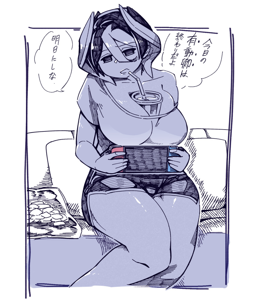 1girl absurdres bare_legs breasts cup disposable_cup drinking_straw highres large_breasts made_in_abyss medium_hair mikiji multicolored_hair nintendo_switch ozen pillow playing_games shorts sitting solo speech_bubble thighs two-tone_hair
